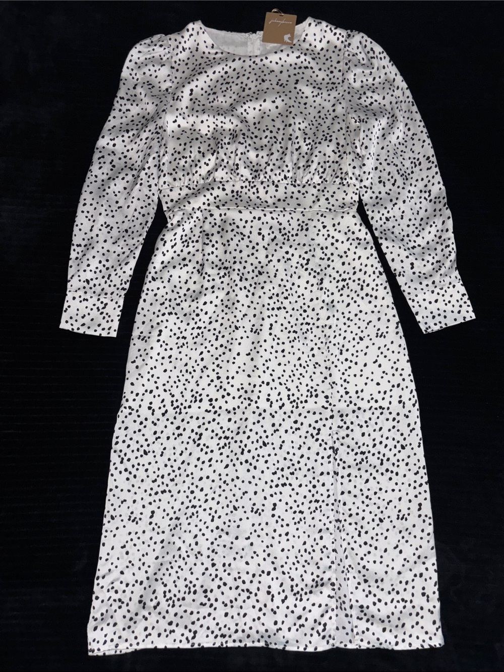johnnybecca Sz M Satin feel Polka Dot Long Sleeve Midi Dress lined to thighs